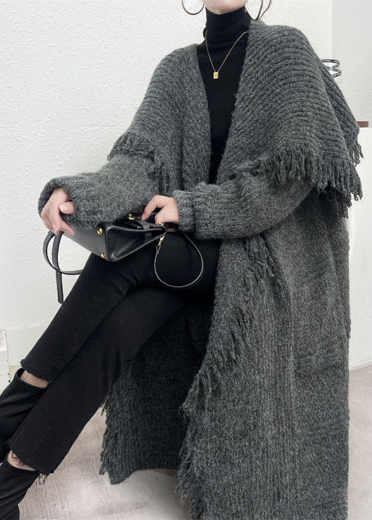 Boutique Grau Peter Pan Kragen Übergroße Quaste Strick Strickjacke Winter