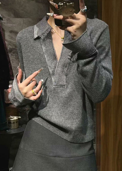 Boutique Grey Peter Pan Collar Patchwork Cotton Knit Sweaters Flare Sleeve