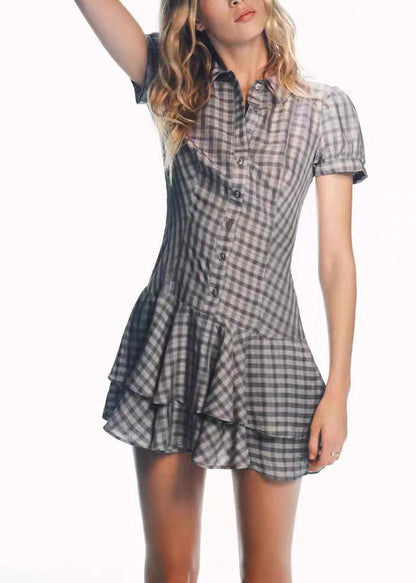 Boutique Grey Peter Pan Collar Plaid Cotton Mini Dress Short Sleeve