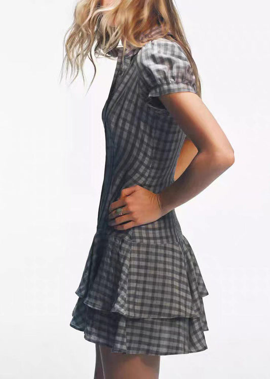 Boutique Grey Peter Pan Collar Plaid Cotton Mini Dress Short Sleeve