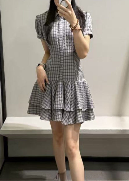 Boutique Grey Peter Pan Collar Plaid Cotton Mini Dress Short Sleeve