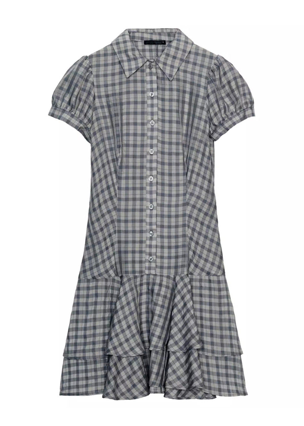 Boutique Grey Peter Pan Collar Plaid Cotton Mini Dress Short Sleeve