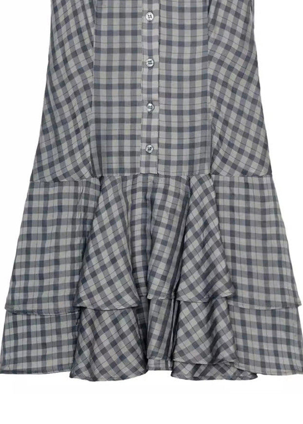 Boutique Grey Peter Pan Collar Plaid Cotton Mini Dress Short Sleeve