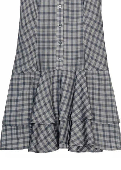 Boutique Grey Peter Pan Collar Plaid Cotton Mini Dress Short Sleeve