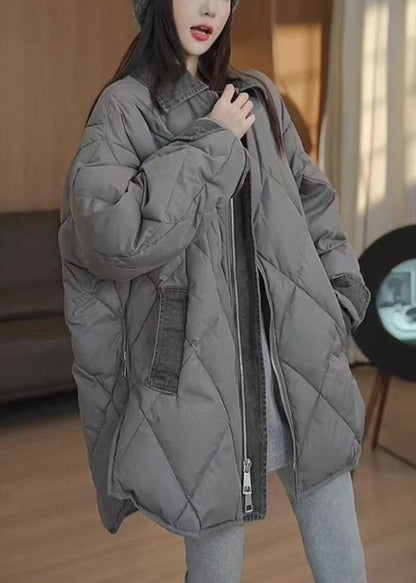 Chaquetas acolchadas de invierno con cremallera y cuello Peter Pan en gris boutique, bolsillos y cuadros