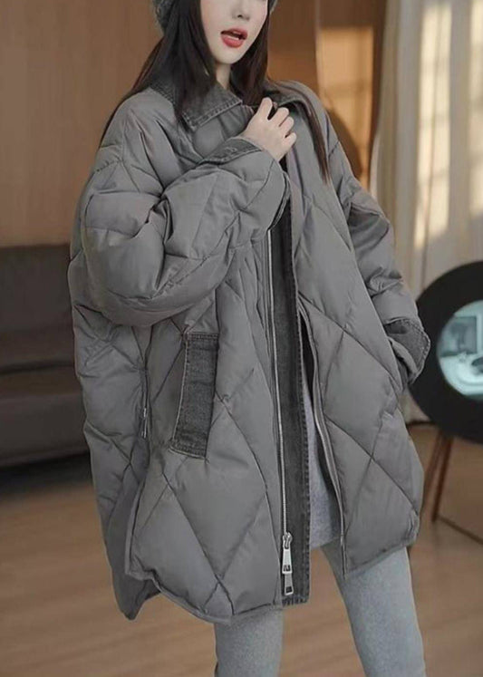 Chaquetas acolchadas de invierno con cremallera y cuello Peter Pan en gris boutique, bolsillos y cuadros