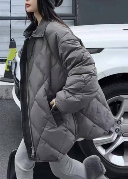 Chaquetas acolchadas de invierno con cremallera y cuello Peter Pan en gris boutique, bolsillos y cuadros
