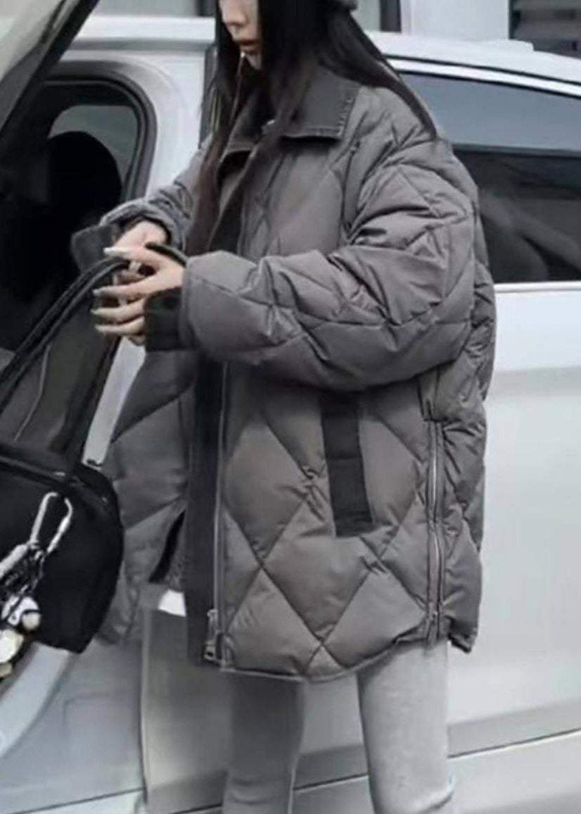 Chaquetas acolchadas de invierno con cremallera y cuello Peter Pan en gris boutique, bolsillos y cuadros