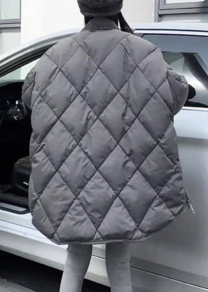 Chaquetas acolchadas de invierno con cremallera y cuello Peter Pan en gris boutique, bolsillos y cuadros