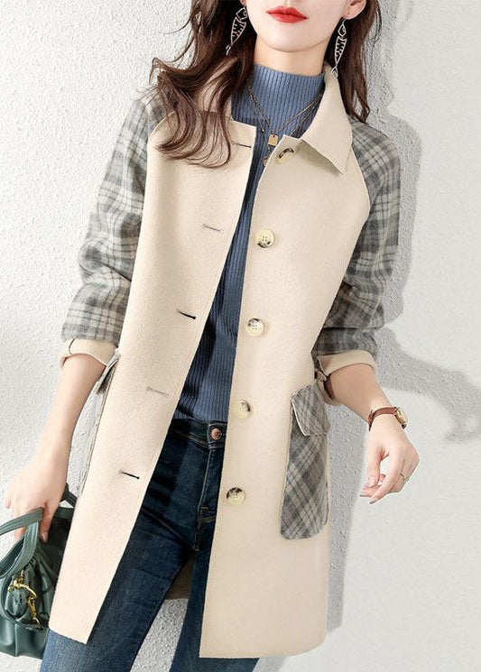 Boutique Grau karierter Patchwork-Wintermantel aus Wolle