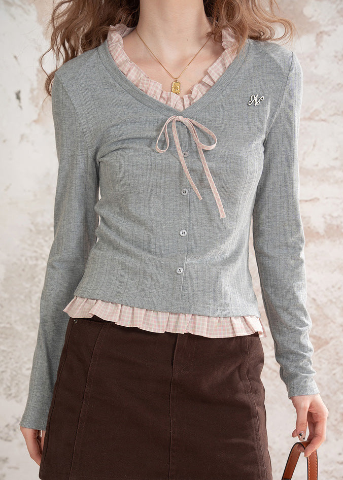 Boutique Grau Rüschen Patchwork Baumwollhemd Top Frühling