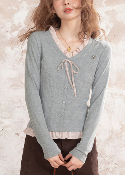 Boutique Grau Rüschen Patchwork Baumwollhemd Top Frühling