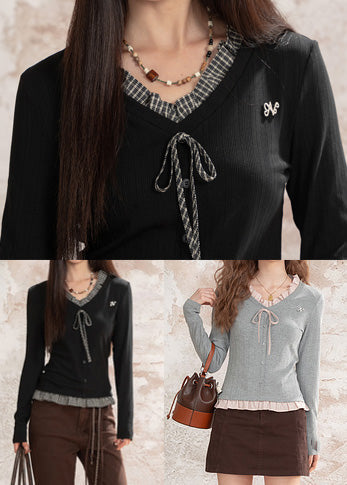 Boutique Grau Rüschen Patchwork Baumwollhemd Top Frühling