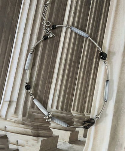 Boutique Grey Stainless Steel Black Agate Glass Pendant Necklace