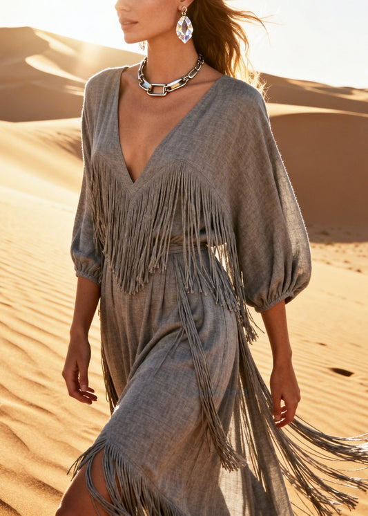Boutique Grey Tasseled Cotton Maxi Dresses Half Sleeve