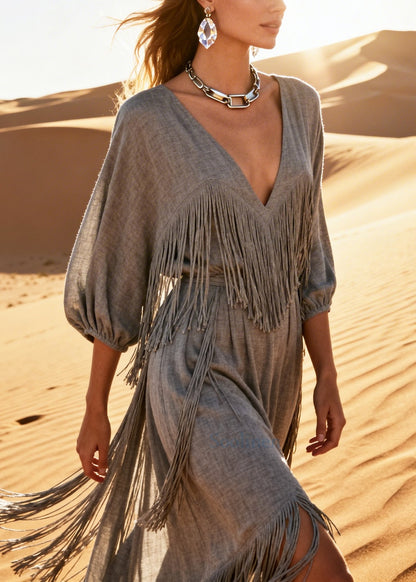 Boutique Grey Tasseled Cotton Maxi Dresses Half Sleeve
