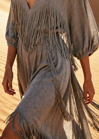 Boutique Grey Tasseled Cotton Maxi Dresses Half Sleeve