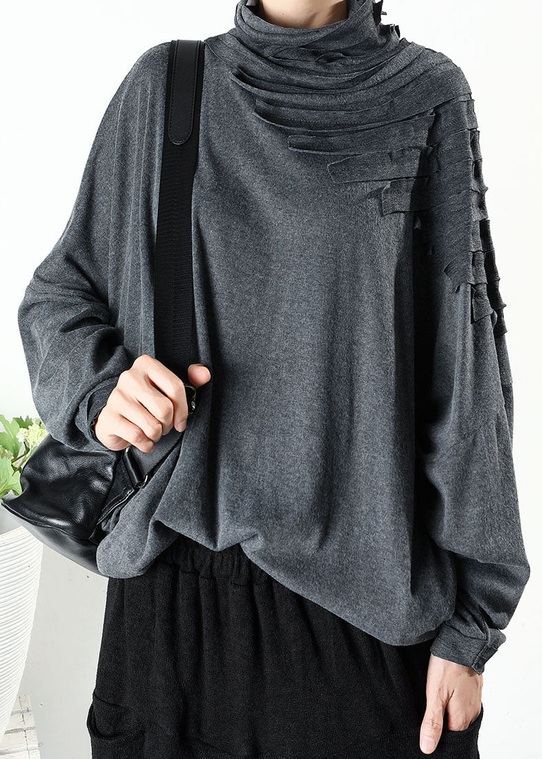 Boutique Graues Rollkragenoberteil mit Quasten, lockeres Langarm-Winteroberteil