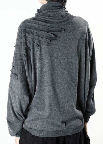 Boutique Graues Rollkragenoberteil mit Quasten, lockeres Langarm-Winteroberteil