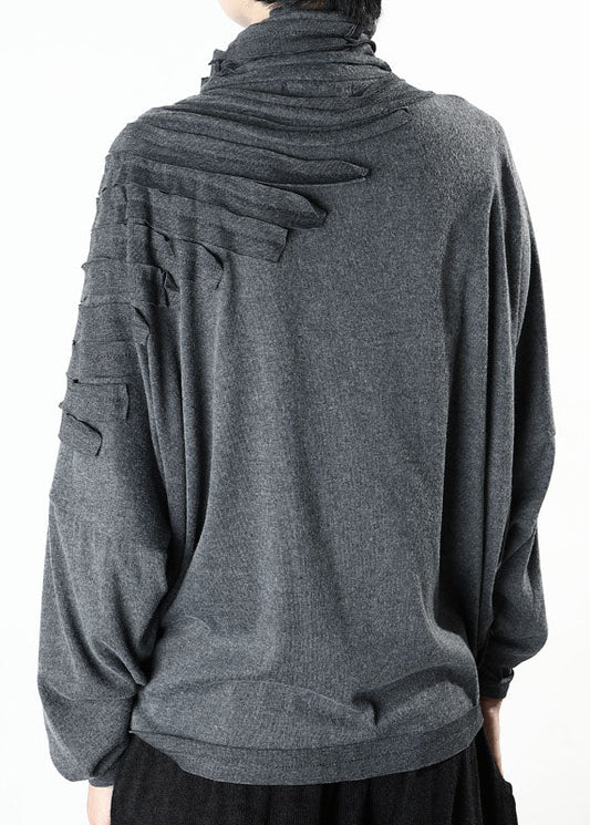 Boutique Graues Rollkragenoberteil mit Quasten, lockeres Langarm-Winteroberteil