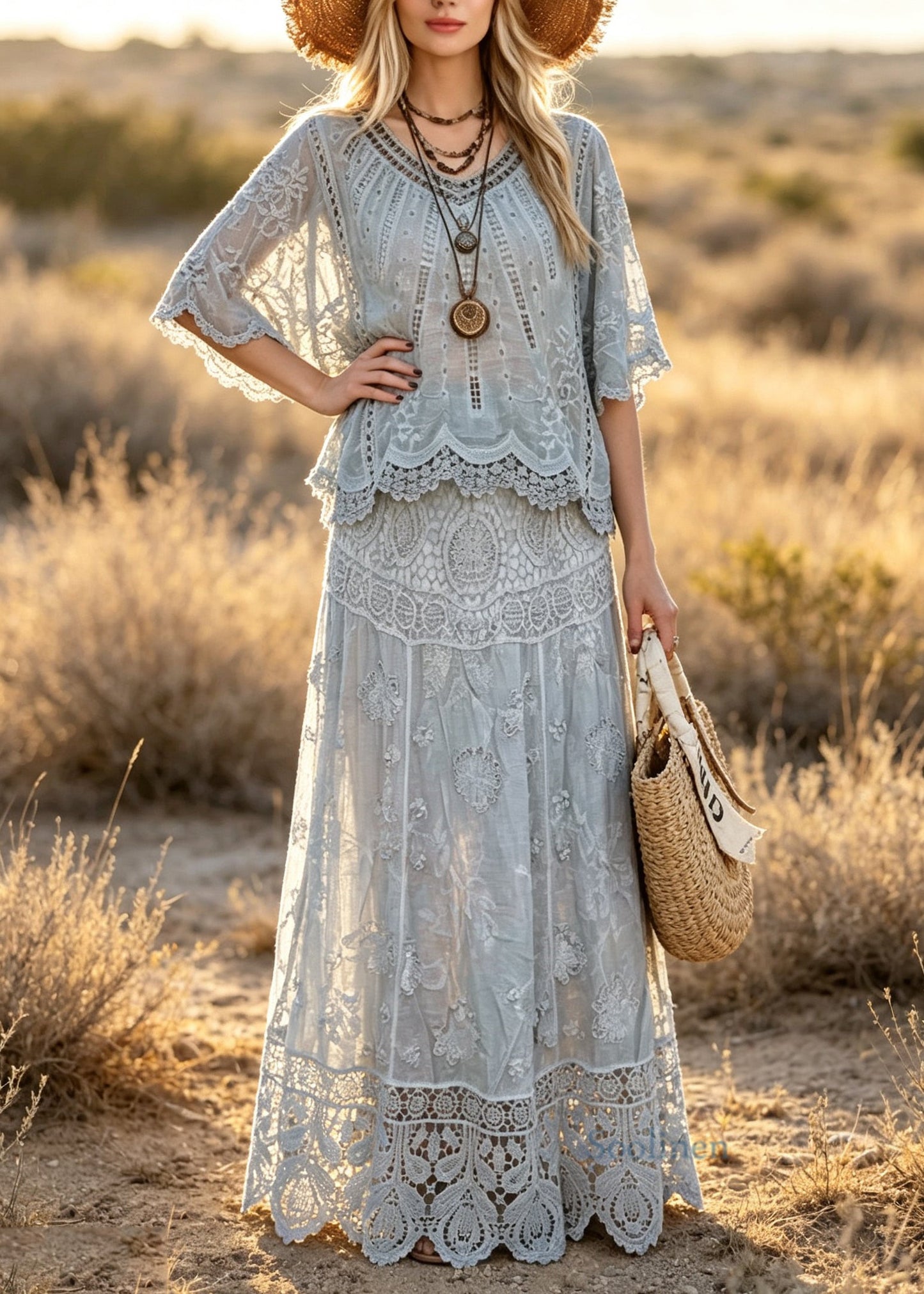 Boutique Grey V Neck Hollow Out Patchwork Lace Two Pieces Set Summer