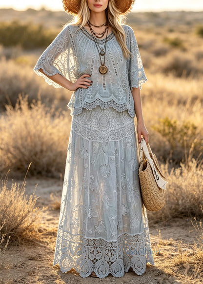 Boutique Grey V Neck Hollow Out Patchwork Lace Two Pieces Set Summer
