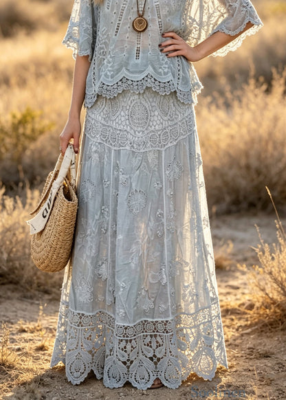 Boutique Grey V Neck Hollow Out Patchwork Lace Two Pieces Set Summer
