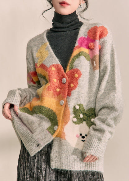 Cárdigan de punto de algodón con cuello en V estampado gris boutique primavera