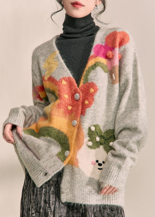 Boutique Graue Cardigans aus bedruckter Baumwolle mit V-Ausschnitt, Frühling