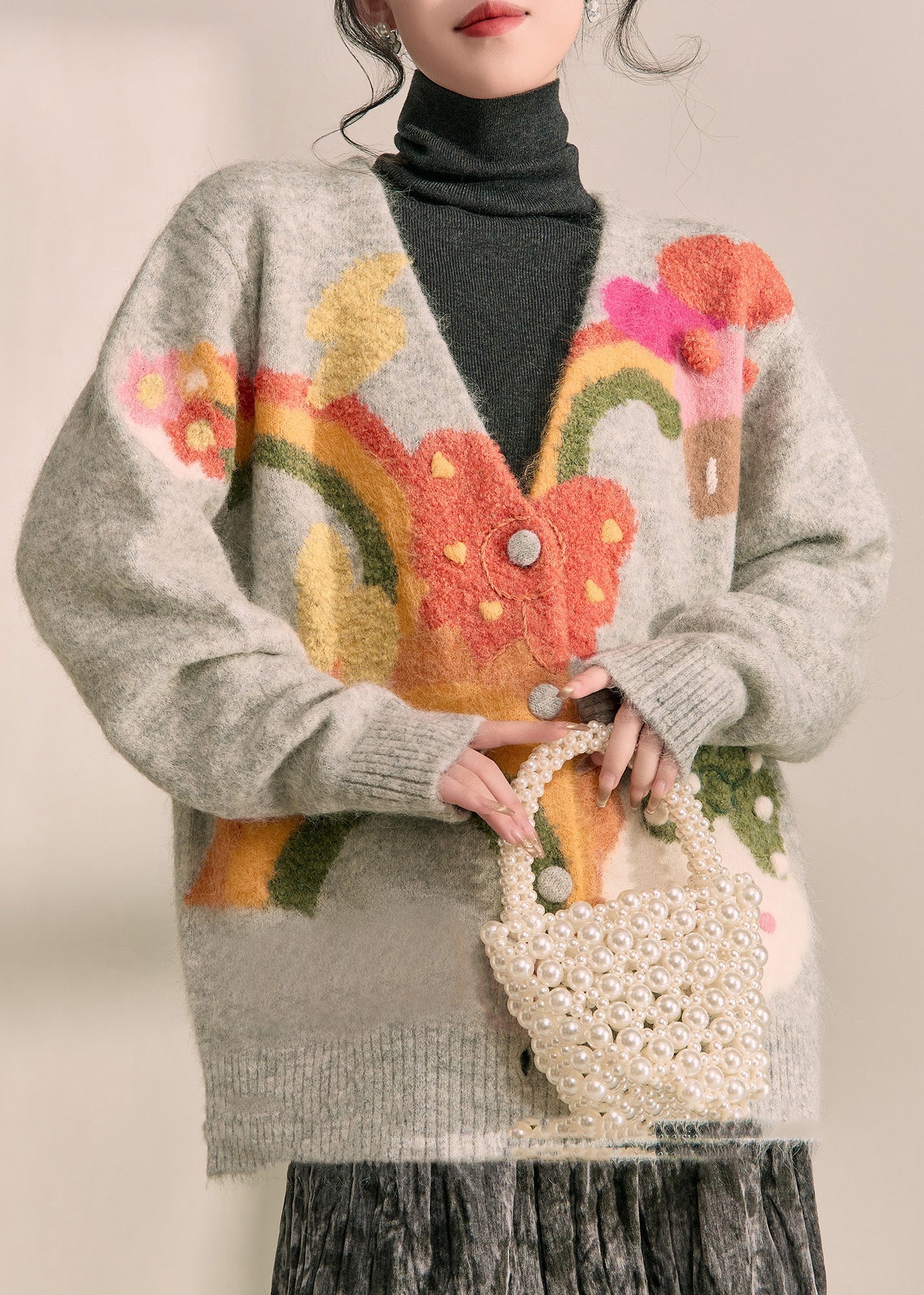 Cárdigan de punto de algodón con cuello en V estampado gris boutique primavera