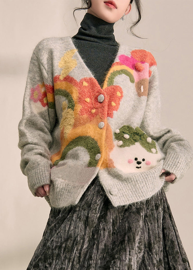 Cárdigan de punto de algodón con cuello en V estampado gris boutique primavera