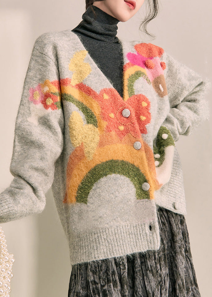 Cárdigan de punto de algodón con cuello en V estampado gris boutique primavera