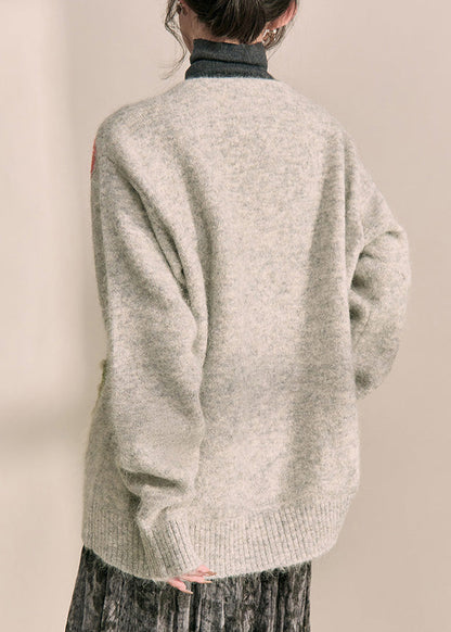 Cárdigan de punto de algodón con cuello en V estampado gris boutique primavera