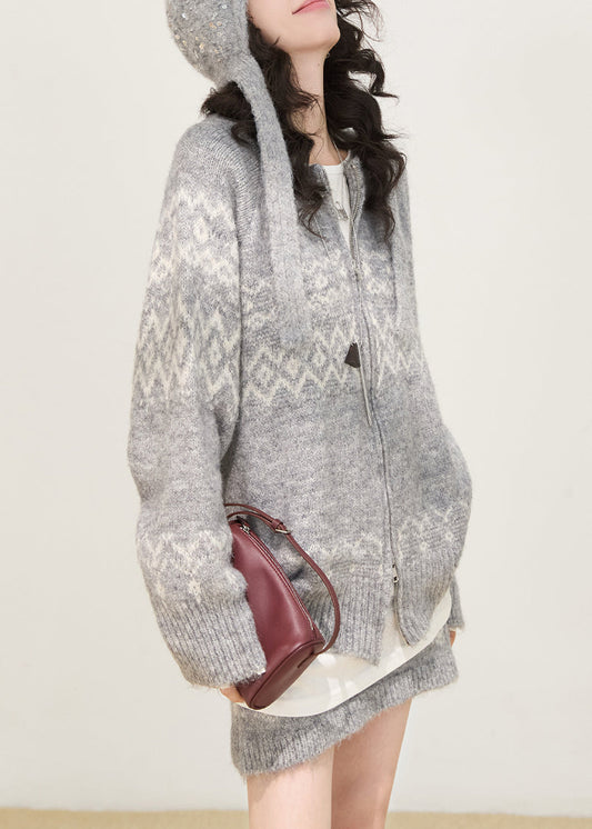 Boutique Grau Zweiteiliges Strickset mit Reißverschluss und Print für den Frühling