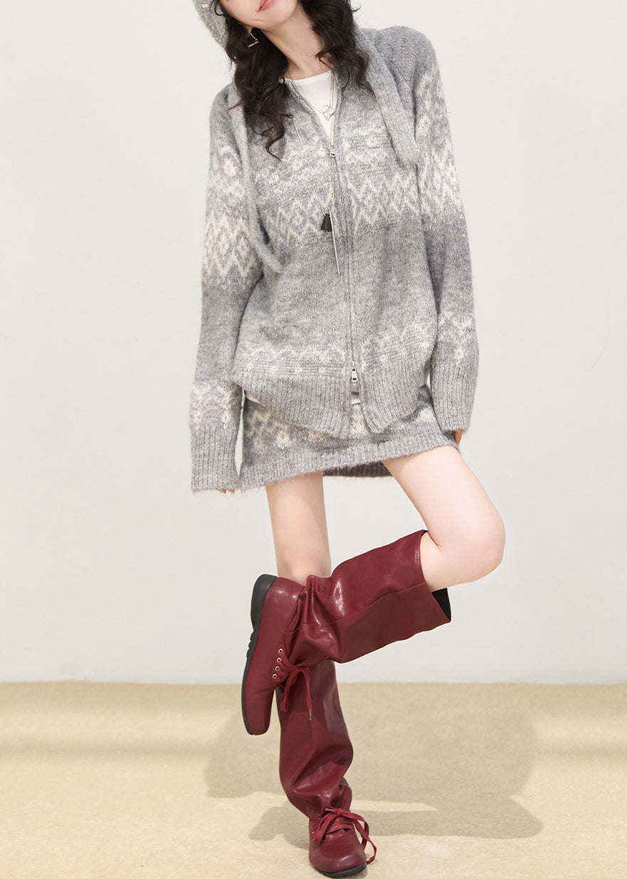 Boutique Grey Zip Up Print Knit Two Piece Set Spring