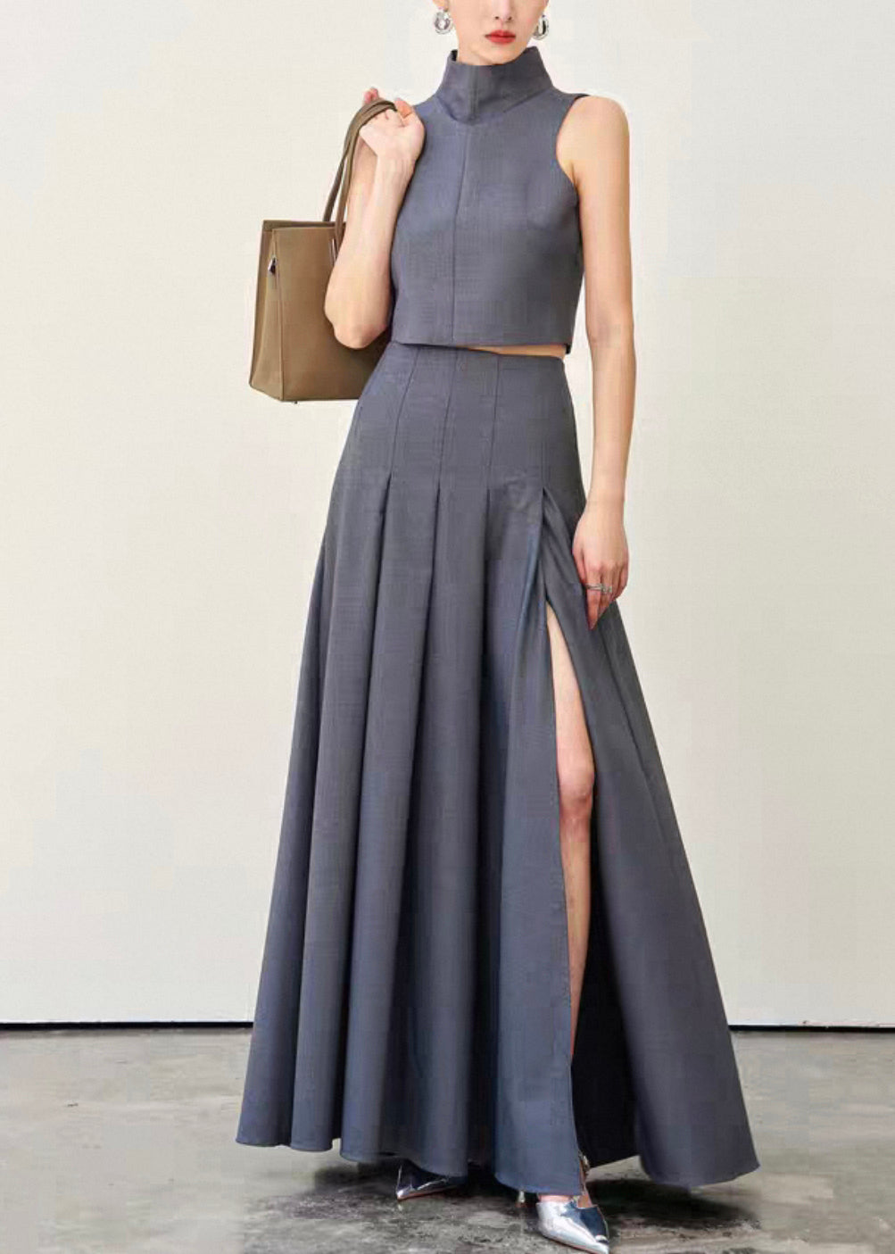 Boutique Grey Zippered Side Open Spandex Two Pieces Set Sleeveless