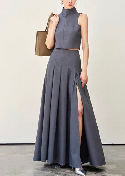 Boutique Grey Zippered Side Open Spandex Two Pieces Set Sleeveless