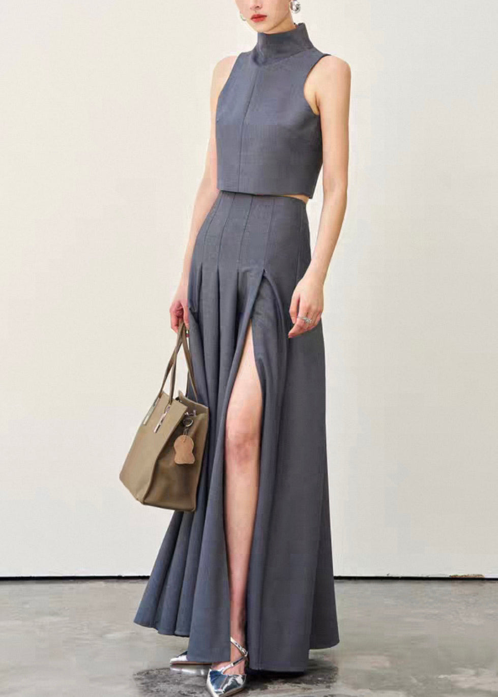 Boutique Grey Zippered Side Open Spandex Two Pieces Set Sleeveless