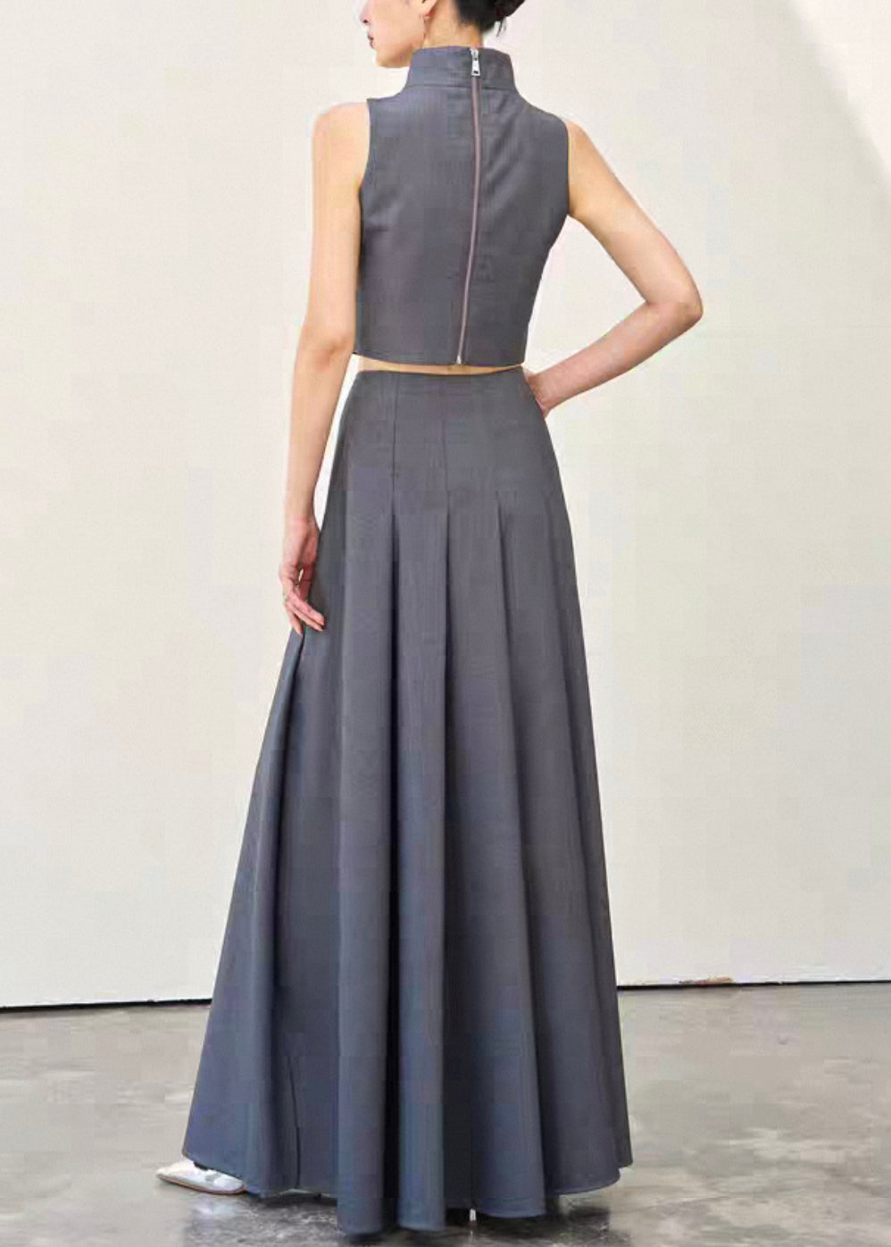 Boutique Grey Zippered Side Open Spandex Two Pieces Set Sleeveless