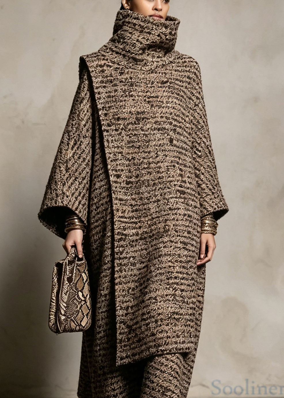 Boutique Hign Neck Cape And Coat Woolen Two Pieces Set Fall