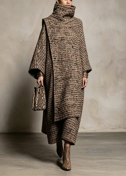 Boutique Hign Neck Cape And Coat Woolen Two Pieces Set Fall