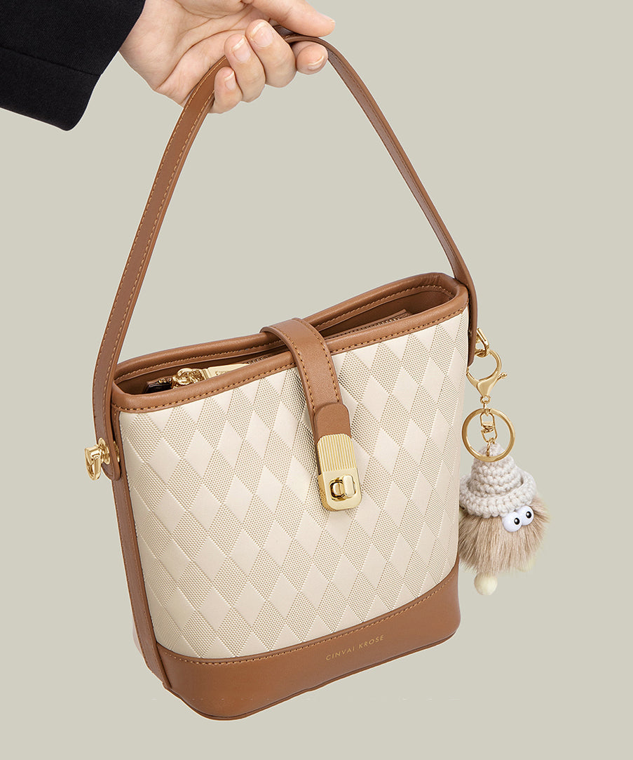 Boutique Khaki Calf Leather Large Capacity Bucket Bag