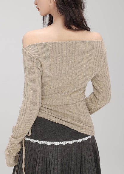 Boutique Khaki Cold Shoulder Drawstring Knit Top Spring