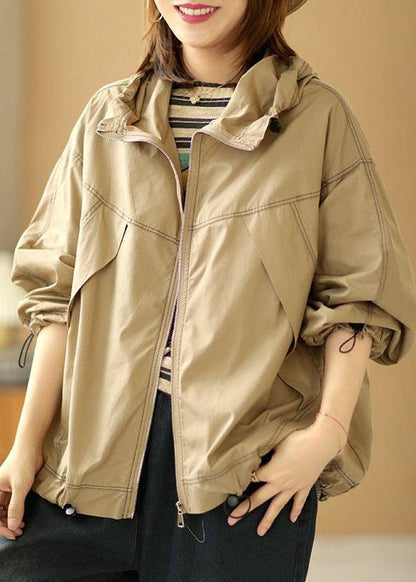 Boutique Khaki Loose Pockets Fall Hoodie Coat Long sleeve - SooLinen