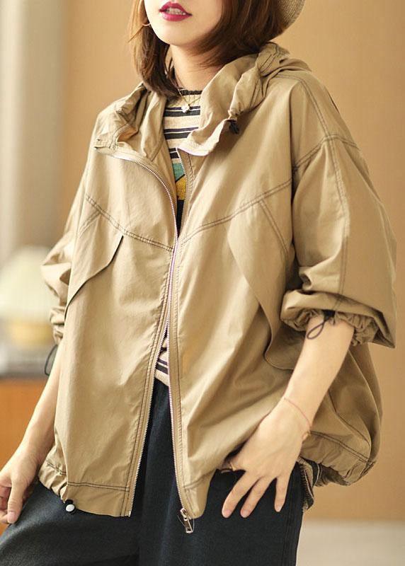 Boutique Khaki Loose Pockets Fall Hoodie Coat Long sleeve - SooLinen