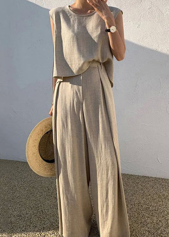 Boutique Khaki O-Neck T Shirt And Wide Leg Pants Two Pieces Set Sleeveless