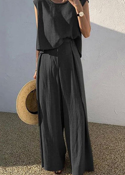 Boutique Khaki O-Neck T Shirt And Wide Leg Pants Two Pieces Set Sleeveless