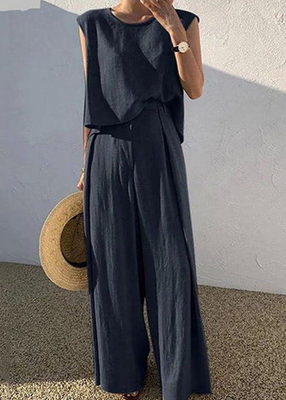 Boutique Khaki O-Neck T Shirt And Wide Leg Pants Two Pieces Set Sleeveless