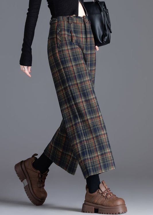Boutique Khaki Oversized Plaid Woolen Crop Pants Trousers Spring