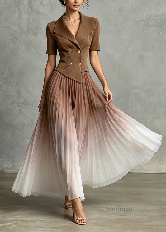 Boutique Khaki Peter Pan Collar Tulle Patchwork Knit Long Dresses Summer
